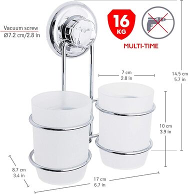 Tatkraft ODR | Toothbrush Holder Wall Mounted, 2 Cups Suction Cup | Easy Tool-Free Installation | Rustproof for the Bathroom | Ideal For: Toothpaste
