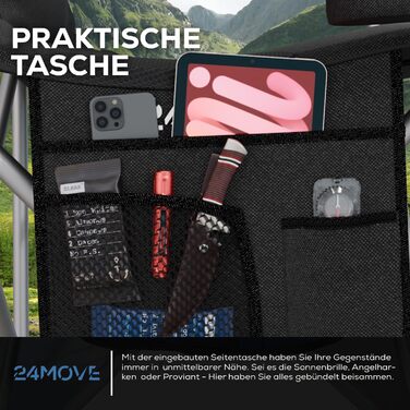 Складний туристичний стілець 24MOVE® для кемпінгу та відпочинку, до 150 кг, з підлокітниками, кишенею для напоїв та сумкою, чорного кольору