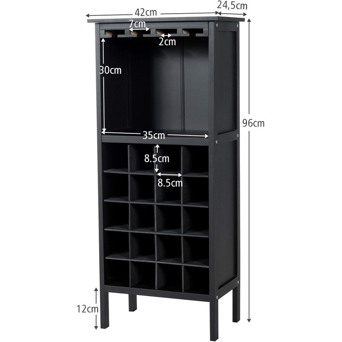RELAX4LIFE Wine Rack Pine Wood, Wine Cabinet with Wine Glass Holder, Wine Holder for 20 Bottles, Wine Stand for Kitchen, Bottle Shelf for Wine & Drinks, Large Storage 42 x 24.5 x 96 cm (Black)