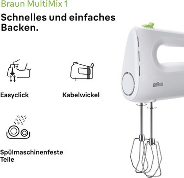 Braun Household MultiMix 1 HM 1100 WH Hand Mixer - Handheld Mixer with 4 speed settings plus Turbo, FastMix Technology, EasyClick, incl. whisk, one-hand operation, 450W, White White MultiMix 1 - incl. whisk