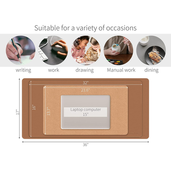 RENMTURE Килимок для миші з натурального корку та PU-шкіри, 80 x 40 см, захист столу, антиковзаюча поверхня, водонепроникний, для офісу та дому (Коричневий)