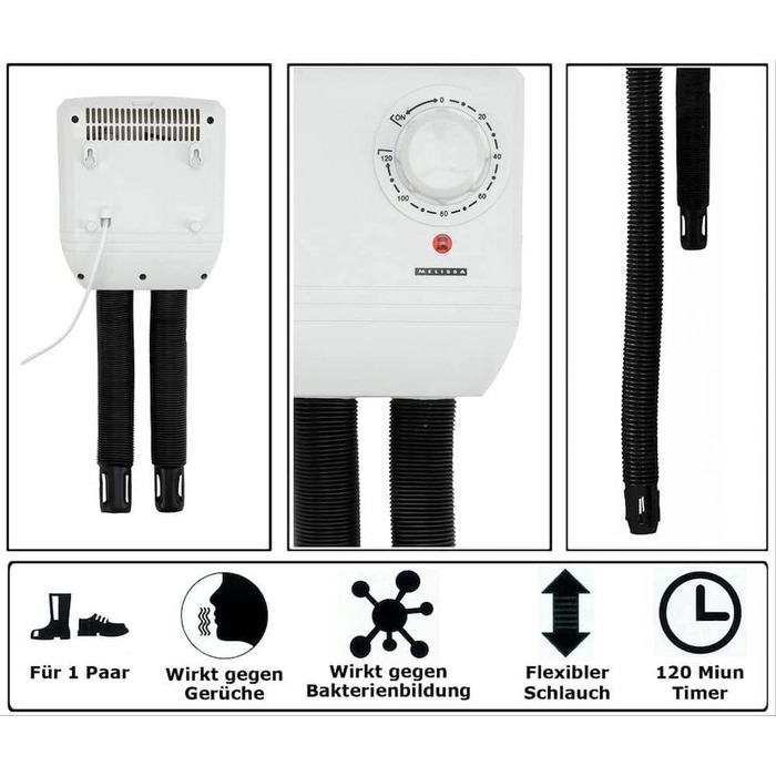 Melissa 16540009 Electric Shoe Dryer, Shoe Warmer for Boots, Rubber Boots and Gloves, Dryer for Hiking Shoes or Ski Boots, Heater with Fan and Timer for 1 Pair of Shoes