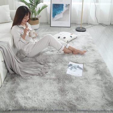 OYIMUA High Pile Rug 120x160 cm Grey White, Modern Fluffy Rug Living Room Children's Room Decor Bedroom Hallway Runner Outdoor Rug Faux Fur Shaggy Plain Bed Runner