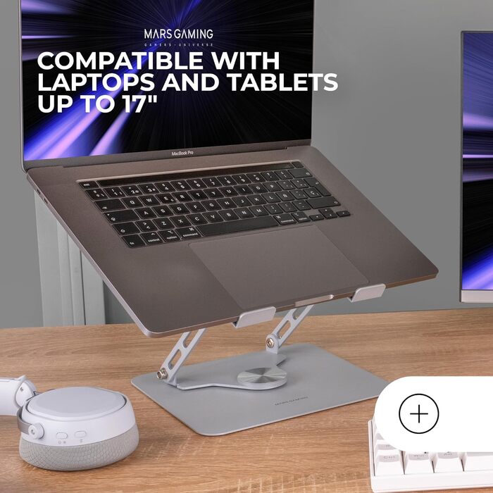 Підставка для ноутбука та планшета Mars Gaming MA-RSN, 17 дюймів, регулювання висоти, нахилу, 360° обертання, сталева конструкція, протиковзкі накладки, складана, портативна, срібна