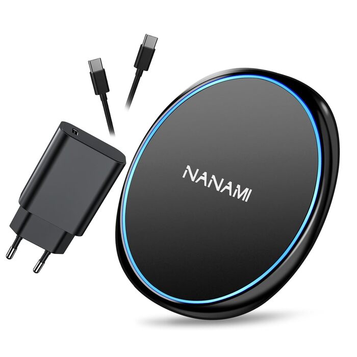 Бездротовий зарядний пристрій NANAMI 20W USB-C PD з адаптером, швидка бездротова зарядка 10W для Samsung Galaxy S25/S24/S23/S22/S21 Ultra Plus, 7.5W для iPhone 17/16/15/14/13/12/11 Pro та Airpods (Чорний)