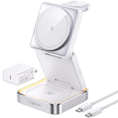 Зарядний пристрій 3-в-1 для Apple Watch та iPhone MagSafe, складний, бездротовий, сумісний з AirPods Pro/3/2, білий (срібло)