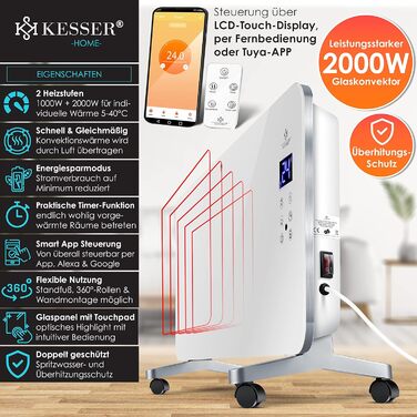 KESSER® Electric Glass Heater Glass Convector Electric Heater Heating Radiator ✓ Touchscreen ✓ APP WiFi Function Incl. Remote Control ✓ LCD Display ✓ Timer | Stand-alone or Wall-mounted Unit | 2000 Watts | White