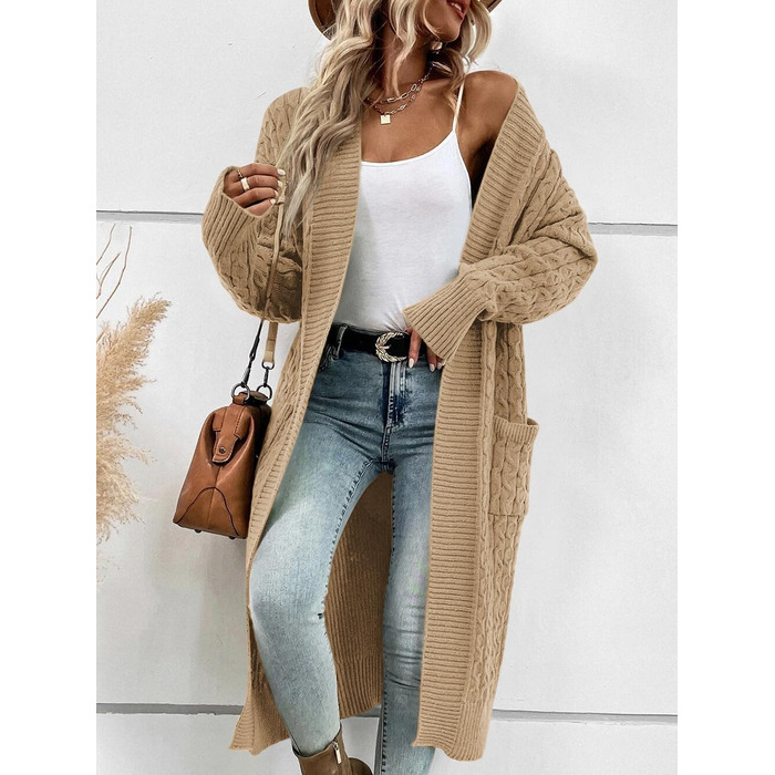 Жіночий в'язаний кардиган Saodimallsu великої в'язки, оверсайз, відкритий спереду, з кишенями, хакі, XL