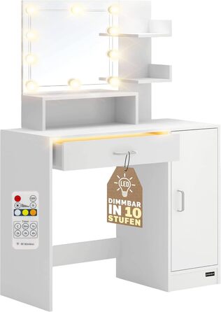 Туалетний столик Casaria з LED підсвіткою, дзеркалом і 3 полицями, білий, дерев'яний, з висувними шухлядами, для макіяжу, з пультом дистанційного керування, розмір 90x40 см