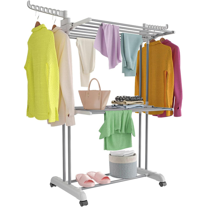 Foldable Stainless Steel Clothes Rack with Wheels, Portable, for Indoor and Outdoor Use, White/Gray (Light Gray)