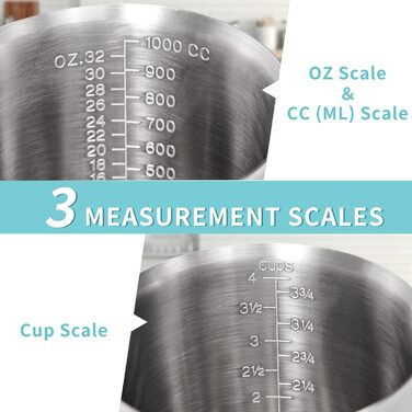 Newness Measuring Cup Stainless Steel, 1000 ML [3 Measuring Scales, including Cups, ML, OZ Scale] Milk Pitcher with Markings and Handle, Measuring Jug Milk Pitcher, Stainless Steel Measuring Cup 1l