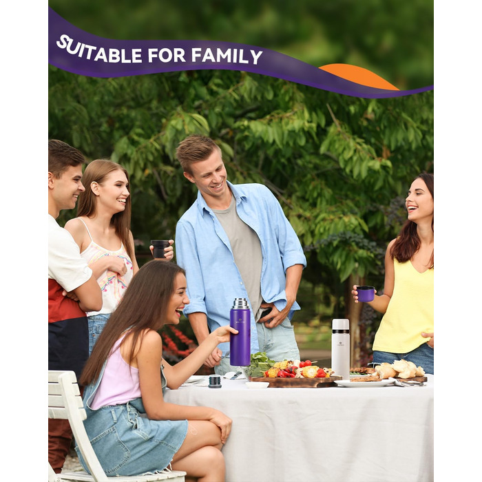 Термос-термокана з нержавіючої сталі SANTECO 1л, 500мл, 1000мл, з кришкою-чашкою, для дітей, спорту, без BPA, 24 год холод, 12 год гарячий (фіолетовий)