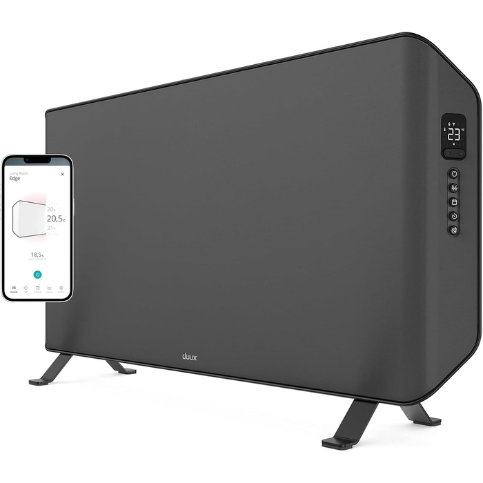 Електричний конвектор Duux Edge Smart 1500W - енергозберігаючий нагрівач для ванної кімнати, з термостатом, для приміщень до 20 м² - сірий