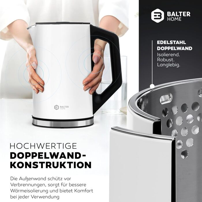 Balter Stainless Steel Electric Kettle with Temperature Control - 40°C-100°C, Double Wall, BPA Free, 1.7L, 2200W, Quiet Kettle