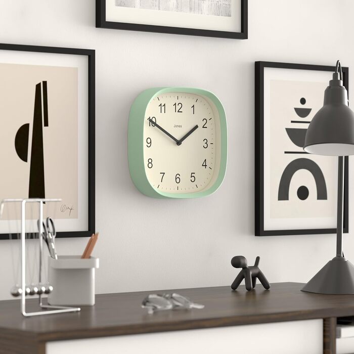 JONES CLOCKS Square Retro Wall Clock made of high-quality acrylic, 'Sprite' in Mint Green, 25 x 25 x 5 cm