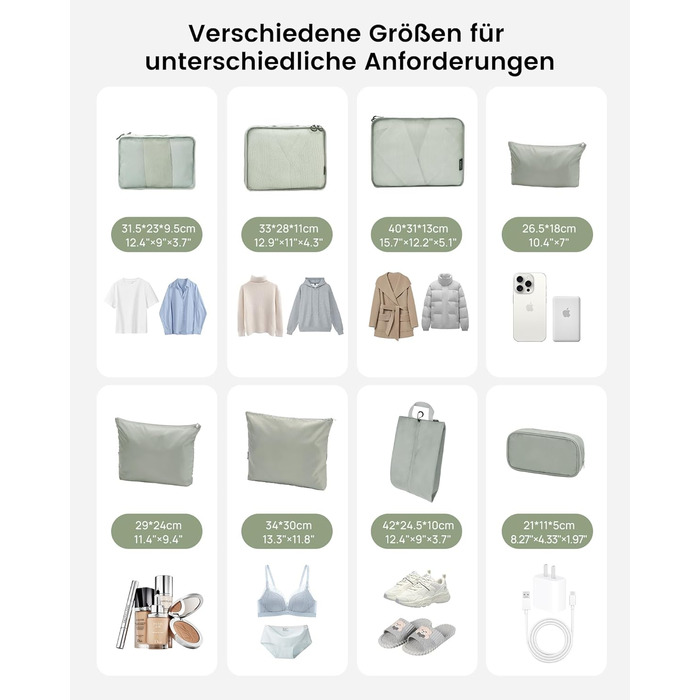 Органайзери для валізи Packing Cubes, 8 шт., сірі - дорожній набір для подорожей, водонепроникні, з косметичкою