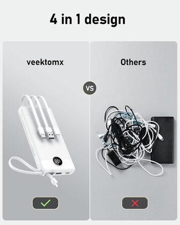 Power Bank 10000mAh з 5 виходами та 2 входами, LED дисплеєм та вбудованими кабелями. Сумісний з iPhone, iPad, Samsung, Xiaomi, Google Pixel.