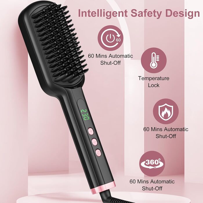 Пряма щітка для волосся SWORCHI з захистом від опіків, швидкий нагрів, LED-дисплей, 100°C-230°C, рожева