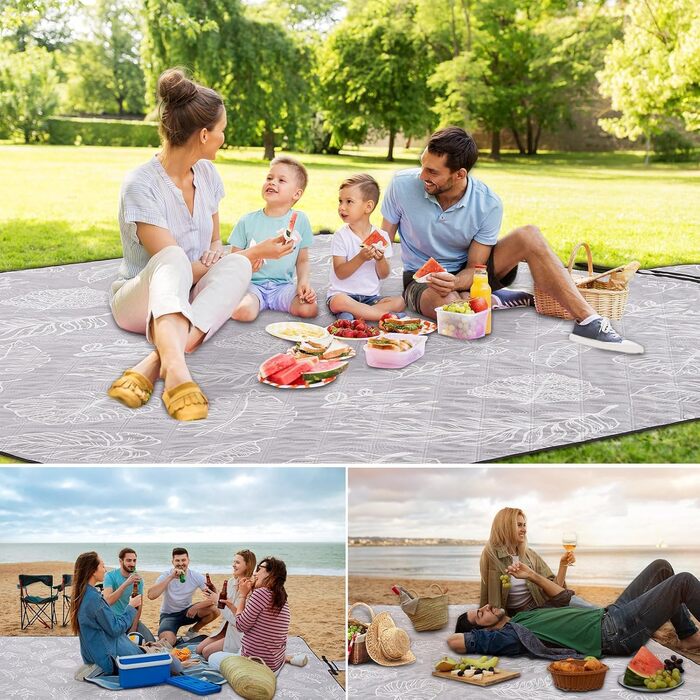 Плед для пікніка HAUSPROFI 200x300 см, водонепроникний, ізольований, XXL. Для пікніка, пляжу, кемпінгу. З бавовняним наповнювачем, ручкою для перенесення та кілочками. З миючим та стійким до деформації дизайном (листя)