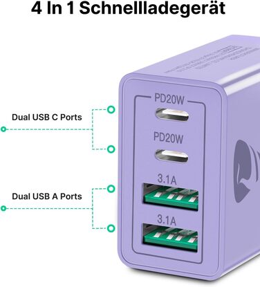 Зарядний пристрій USB-C 40W, 4 порти, швидка зарядка PD 3.0 для iPhone 14 Pro Max, iPad, Samsung та інших смартфонів, фіолетовий