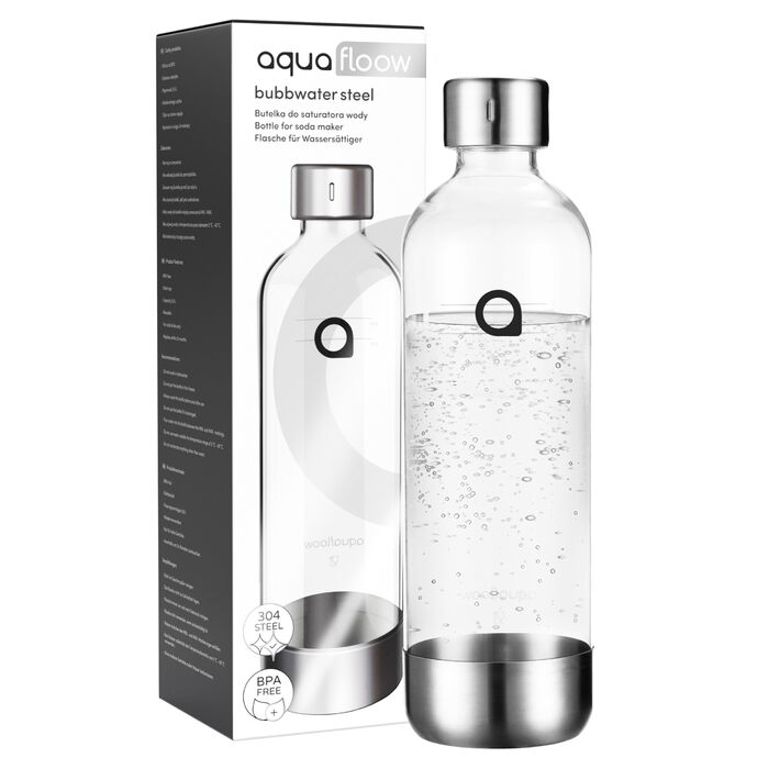 Aquafloow Содовий апарат з нержавіючої сталі для приготування газованої води з CO₂ циліндром (до 60 л) та пластиковою пляшкою 0.8 л з нержавіючим дном