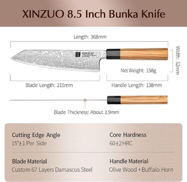Японський ніж Kiritsuke XINZUO з дамаської сталі, 21.5 см, Gyuto, ручка з оливкового дерева та чорного рогу буйвола, ручна робота, з піхвою