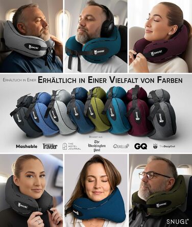 Подушка для шиї SNUGL з Memory Foam, регульована та миюча | Зручна подушка для подорожей на літаку, в авто та в дорогу | Подушка-шиїчкі SNUGL (Чорний, для дорослих)