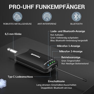 TONOR TW720 Бездротовий мікрофон Bluetooth з металевим корпусом, UHF, 100м, 2 шт. для караоке, вечірок, конференцій