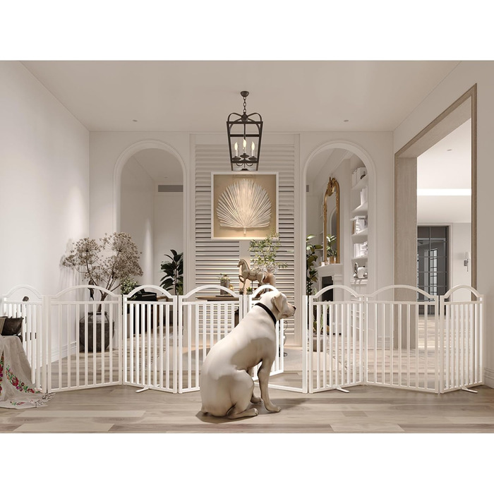 Металеві ворота для собак BHG, без монтажу, з дверцятами, широкі, 243,8 см, високі, 81,3 см, аккордеон, 8 панелей, білий, для дому та саду