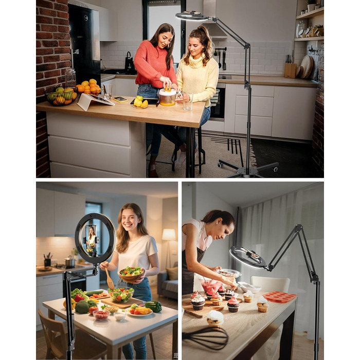 Кріплення для смартфона на штативі з кільцевим світлом для кухні та фуд-відео – штатив з кільцевим світлом для столу | Кільцеві лампи для кухні, випічки, зйомки рецептів, відеозйомки, стріму, контент-мейкінгу, 10 дюймів для столу (10 дюймів для підлоги)
