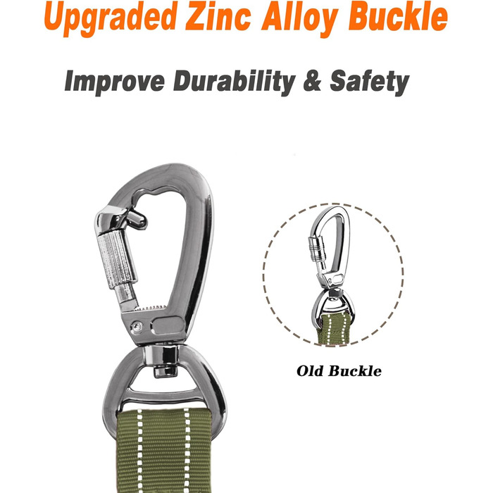 Тактична повідок для собак AUBELL, міцна, світловідбиваюча, без натягу, з амортизатором, для середніх та великих собак, з м'якою ручкою, авторемнем безпеки, поворот на 360°, 1.2-1.8 м, зелена