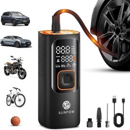 Електричний портативний компресор SUNPOW 7500mAh, 160PSI для авто, велосипедних шин, з LCD-дисплеєм, LED-підсвіткою, Powerbank, 12V DC, чорний