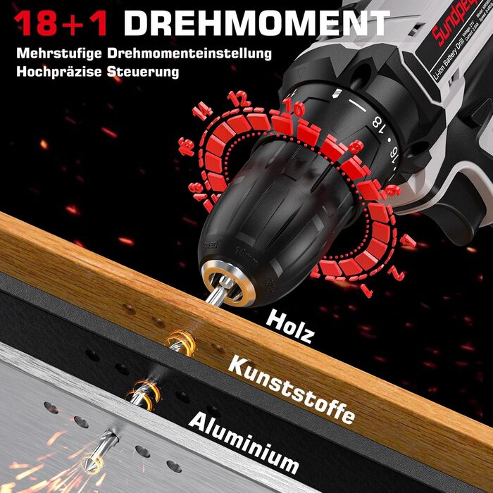 Акумуляторний шуруповерт Sundpey Set: 2 акумулятори 2.0Ah, 21V, 1500 об/хв, 45Nm, 18+1 режим, LED, 10мм патрон - для ремонту та DIY