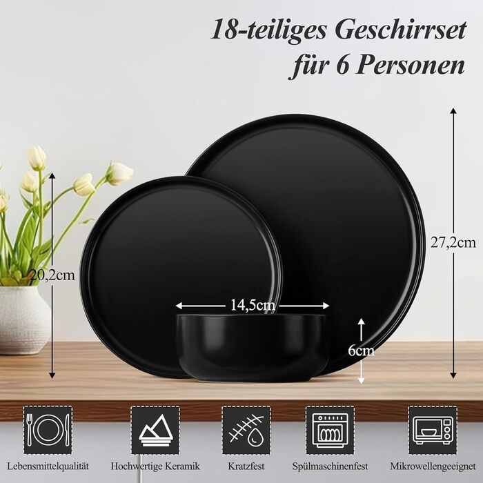 Набір посуду Joyfair на 6 осіб, 18 предметів: тарілки, миски, десертні тарілки, чорний колір, кераміка, для посудомийної машини та мікрохвильової печі