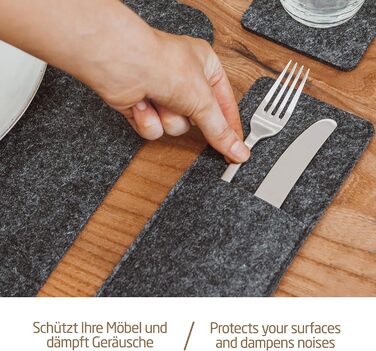 Felt Table Placemats - Set of 24 Table Coasters - Washable Felt Placemats - 8 Placemats, Glass Coasters, Cutlery Pouches | Dark Gray | Square Felt Coasters - Placemats for Christmas