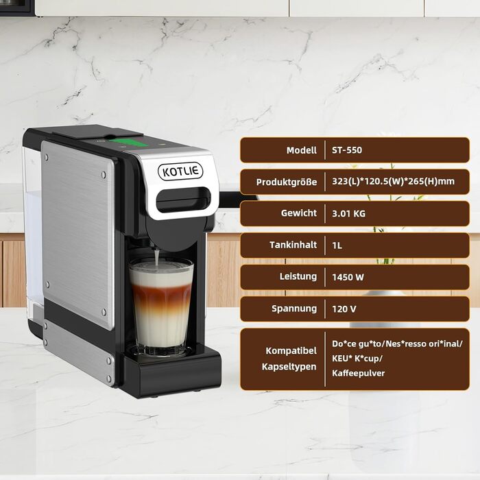 Кавомашина KOTLIE ST-550 Multi-Kapsel: 4-в-1 для Nes Original, Dolce Gusto, MIO та меленої кави, 19 Bar, 19 Bar, 7 рівнів об'єму води