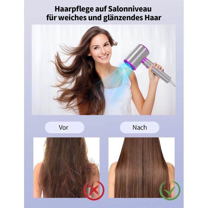 Іонний фен 2400W з холодним/гарячим режимом, 3 температури та 2 швидкості, дифузор та концентр, терморегуляція для дому, подорожей та салону краси