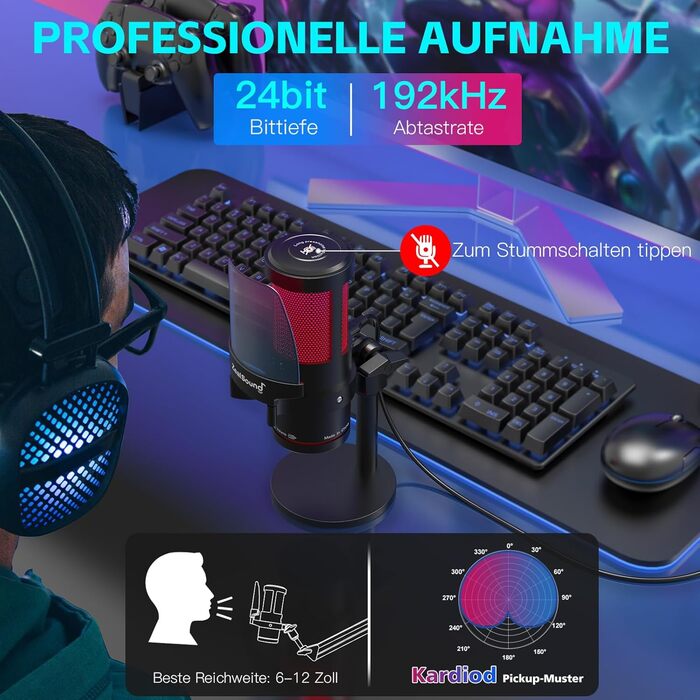 Zealsound USB мікрофон для ПК та мобільного телефону: RGB, з регулюванням гучності, кнопкою вимкнення звуку, поп-фільтром, тримачем-амортизатором та підставкою. Для подкастів, стрімінгу, Discord, YouTube, TikTok (KM8)