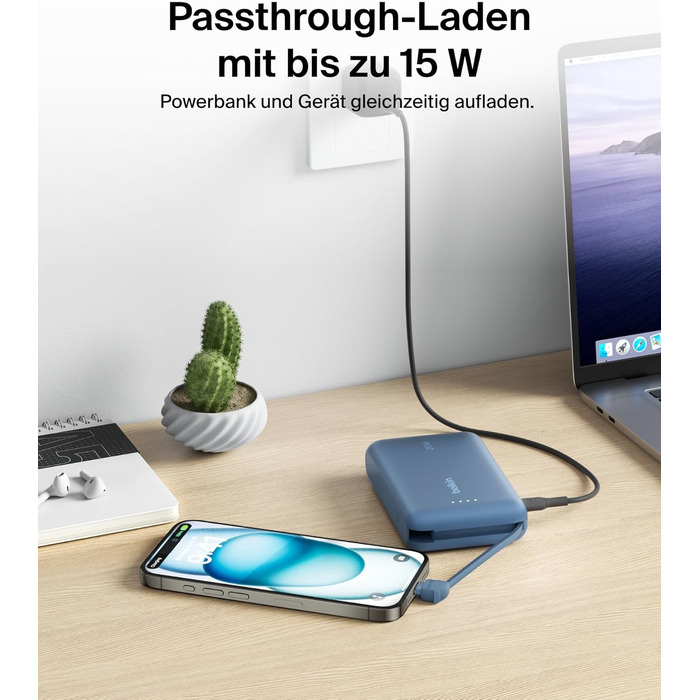 Повербанк Belkin BoostCharge 10000mAh з вбудованим кабелем USB-C, 20W, LED-індикатором, синій
