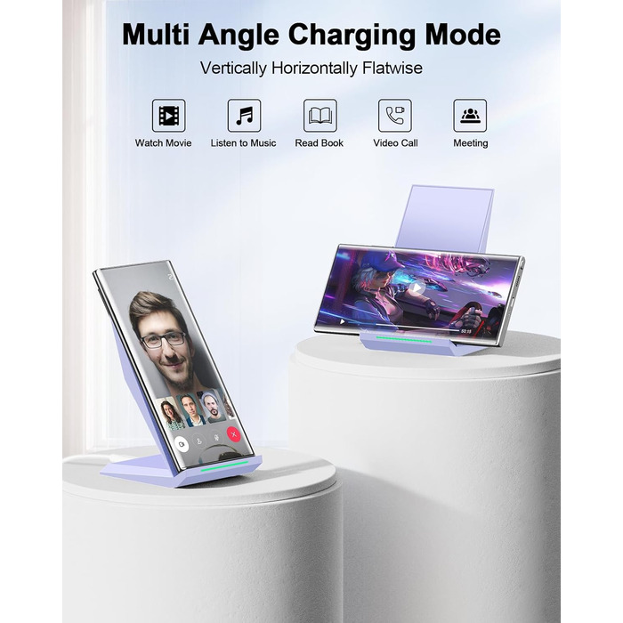 Бездротовий зарядний пристрій NANAMI Qi з адаптером USB-C 20W PD для iPhone 17/16/15/14/13/12 Pro Max XR 8 та Samsung Galaxy S25/S24/S23/S22 (фіолетовий)