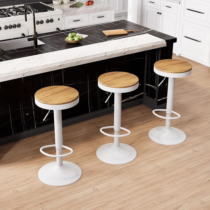 Kidol Adjustable Height Bar Stools 2-Pack - 360° Swivel, Round Wooden Seat on Metal Frame, for Kitchen/Bar/Living Room (White)