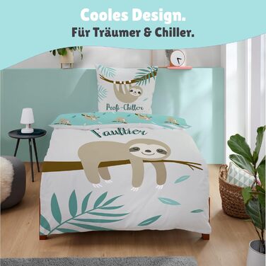 Дитяча постільна білизна Kinderbettwäsche Set: комплект 2 шт. з тваринами та глобусом. Декоративна ковдра 135x200 см + подушка 80x80 см, блискавка. Підходить для хлопчиків та дівчаток, 100% бавовна, ренфорсе, гіпоалергенна, сертифікат Oeko-Tex (лінивець)