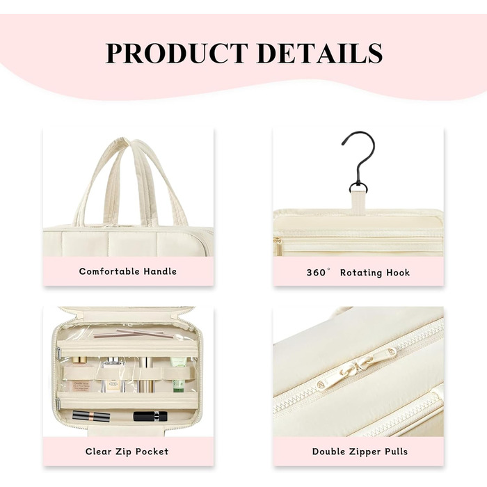 Косметичка-органайзер для подорожей з гачком, жіноча/чоловіча, велика, бежева (#2)