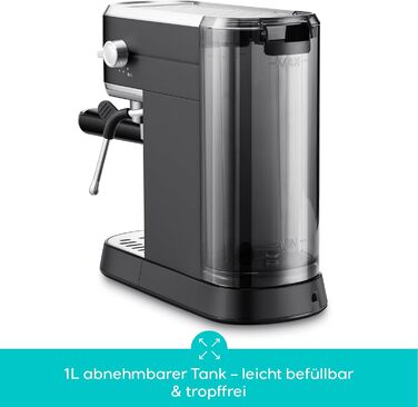 CASABREWS Еспресо-кавомашина Siebträger з нержавіючої сталі, 20 Bar, з професійним капучинатором, компактна для еспресо, капучино, лате макіато, об'єм бака 1л, чорна