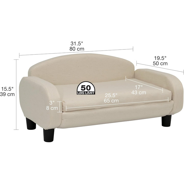 Софа для домашніх тварин Paws & Purrs, 80 см, низька спинка, знімний чохол для матраца (Еспресо / Вівсянка)