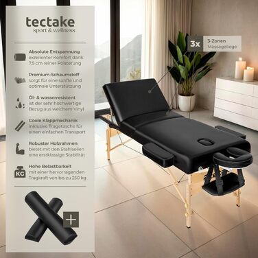 Мобільний масажний стіл Tectake®: складаний, з 3 зонами, регульована висота, підголовник та підлокітники, з дерев'яними ніжками, у комплекті з сумкою та масажними роликами (чорний)