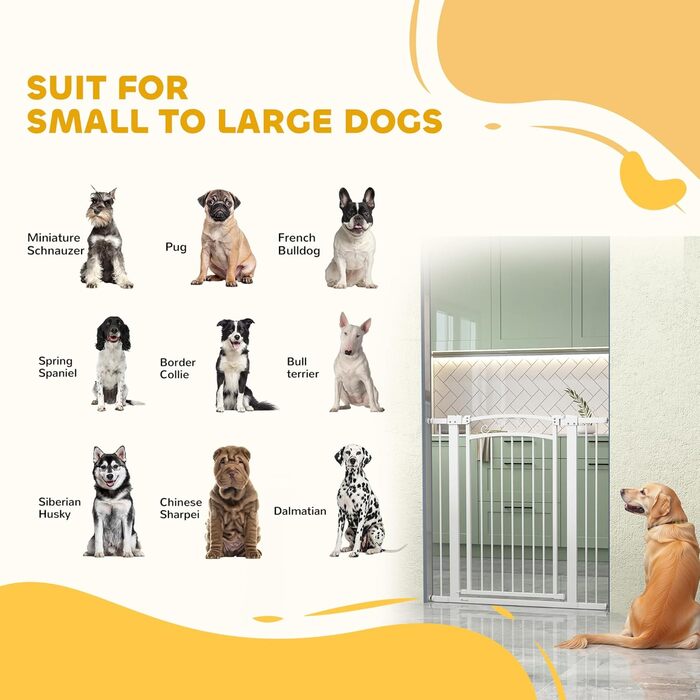 PawHut Бар'єр для собак, ворота з регульованою шириною 76-104 см, захисний ґрат для собак з 2 розширеннями, подвійний замок та маленькі дверцята для сходів та дверей, білий