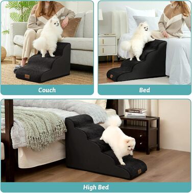 Сходинки для собак: компактні сходи для маленьких собак, 3 сходинки, чорний колір, 40x57x40 см, з миючим покриттям та протиковзким дном