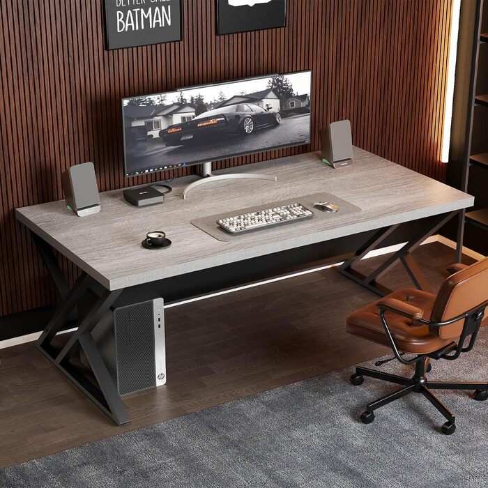 Long Computer Desk - Industrial Design Study Table for Home Office - Wood Top - 140 x 60 x 75.5 cm
