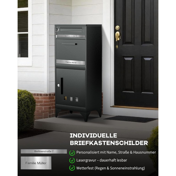 Поштовий ящик антрацит з гравіюванням, персоналізований, 2-в-1, нержавіюча сталь, з відділенням для газет та посилок (XXL)